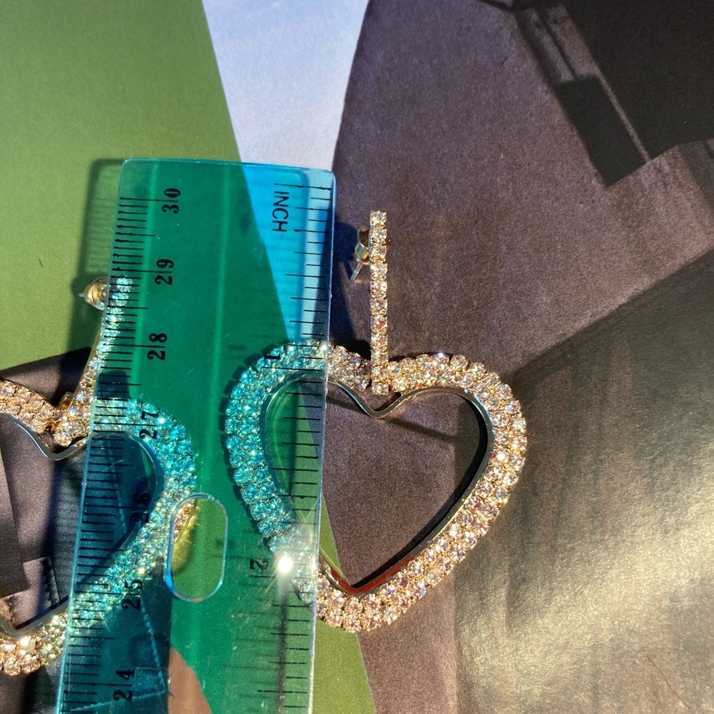 Gold Tone Crystals Heart Earrings - Picture 3 of 5
